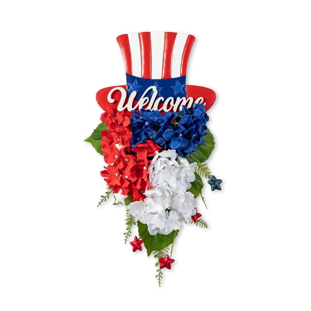 22.5 in. H Patriotic/ Americana Metal Top Hat and Hydrangea Swag Wall Decor - Hercitys