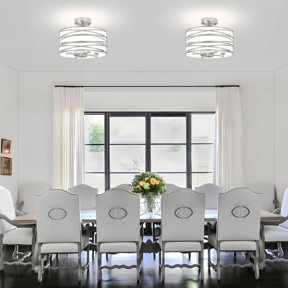 12.99 in. 4-Light Modern Silver Metal and Fabric Drum Semi Flush Mount Ceiling Light Fixture - Hercitys