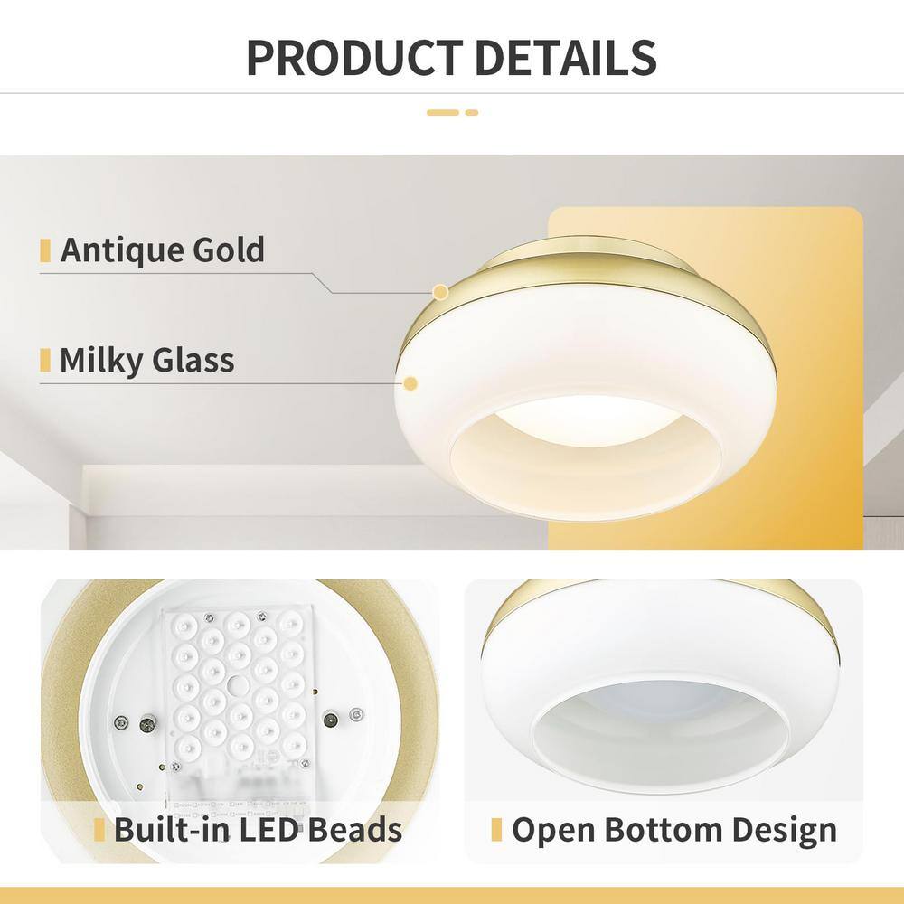 12 in. 12-Watt Modern Antique Gold Integrated LED Flush Mount with Milky White Glass - Hercitys
