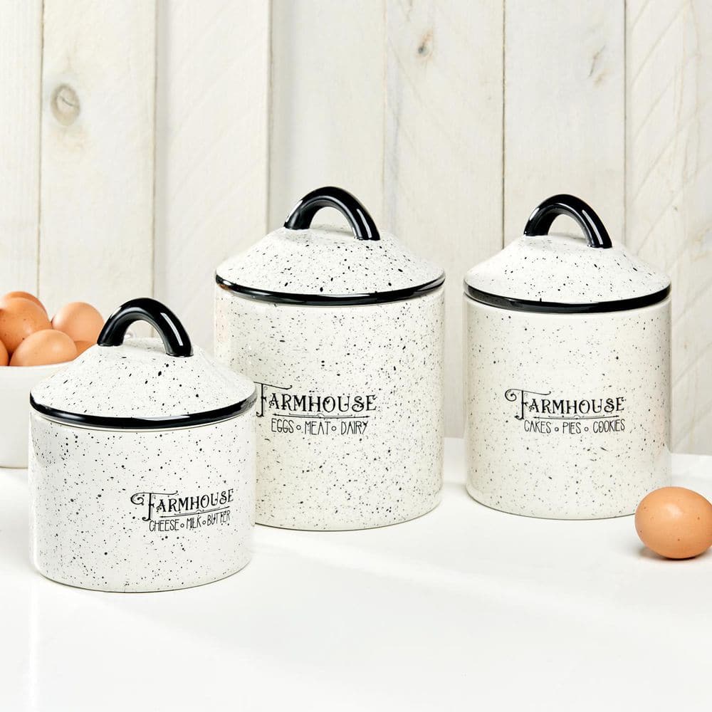 3-Piece Farm House Ceramic Canister Set with Ceramic Top Lids, White - Hercitys