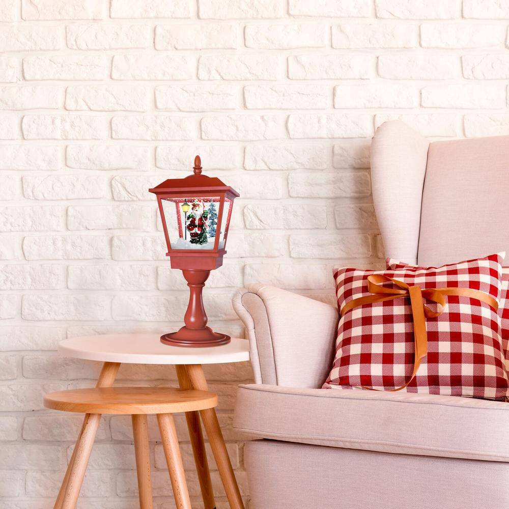 25 in. Musical Tabletop Lantern in Red Featuring Santa Scene and Snow Function - Hercitys