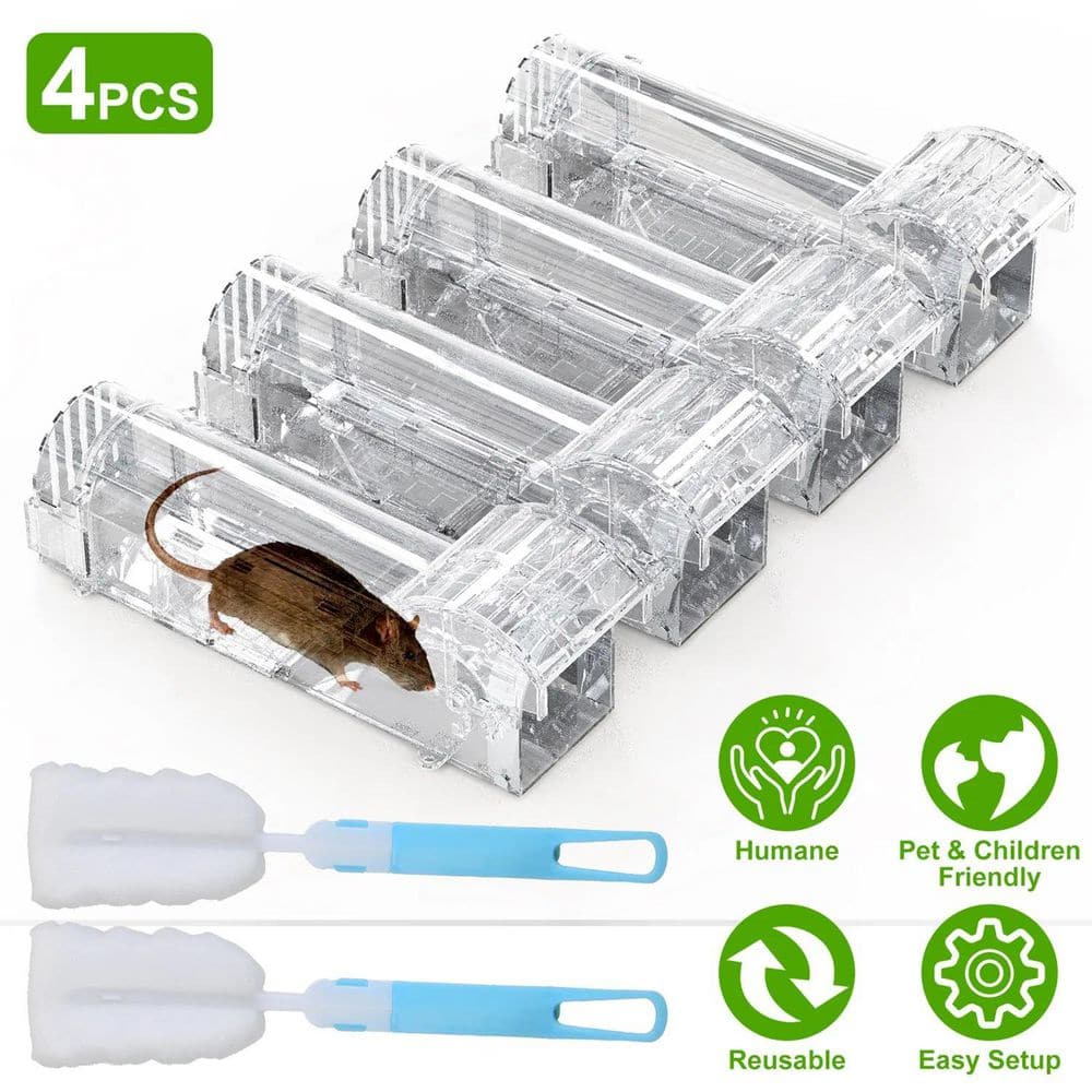 4-Piece Humane Live Mouse Trap Cage with Reusable Safe Catch and Release, Non-Toxic ABS Material for Rodents Transparent - Hercitys