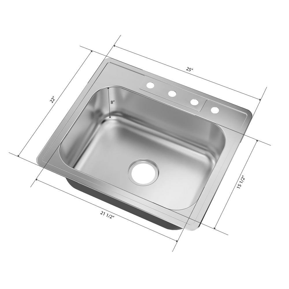 25 in. Drop-In Single Bowl 20-Gauge Stainless Steel Kitchen Sink with Bottom Grid - Hercitys
