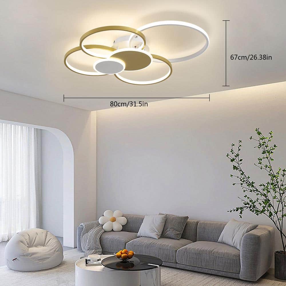 31.5 in. Gold Modern 6-Ring Flush Mount Dimmable LED Ceiling Light with Remote and Integrated LED Light Source Included - Hercitys