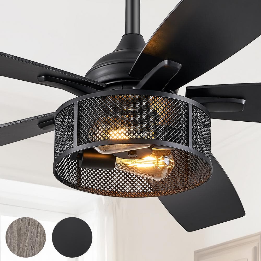 52 in. Indoor Black Dual-Finish Blades Downrod caged Ceiling Fan with Light and Remote Control - Hercitys