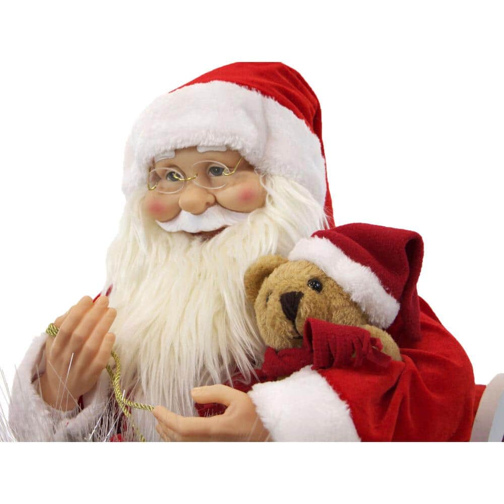 28 in. Santa Claus in Sleigh with Teddy Bear, Toy Sack, Music, Lights, Standing Decor, Christmas Animatronics - Hercitys