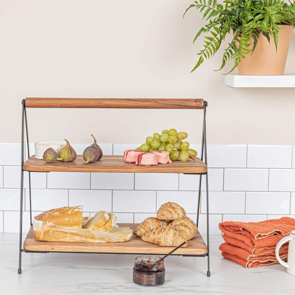 17.5 in. W x 16 in. H x 11 in. D Rectangle Natural Finish Acacia Wood 2 Tier Serving Tray Stand - Hercitys