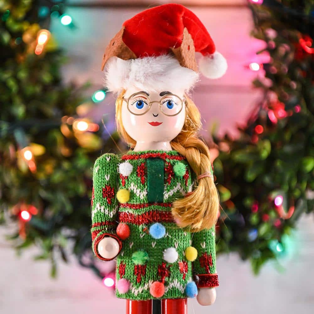 15 in. Wooden Christmas Ugly Sweater Nutcracker -Red and Green Nutcracker Girl with an Ugly Sweater and Reindeer Hat - Hercitys