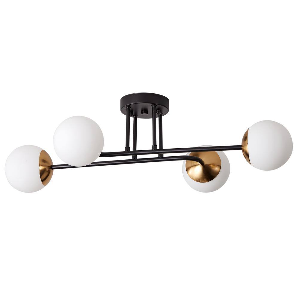 28 in. Modern 4-Light Black Semi Flush Mount Industrial Black and Gold Sputnik Chandelier - Hercitys