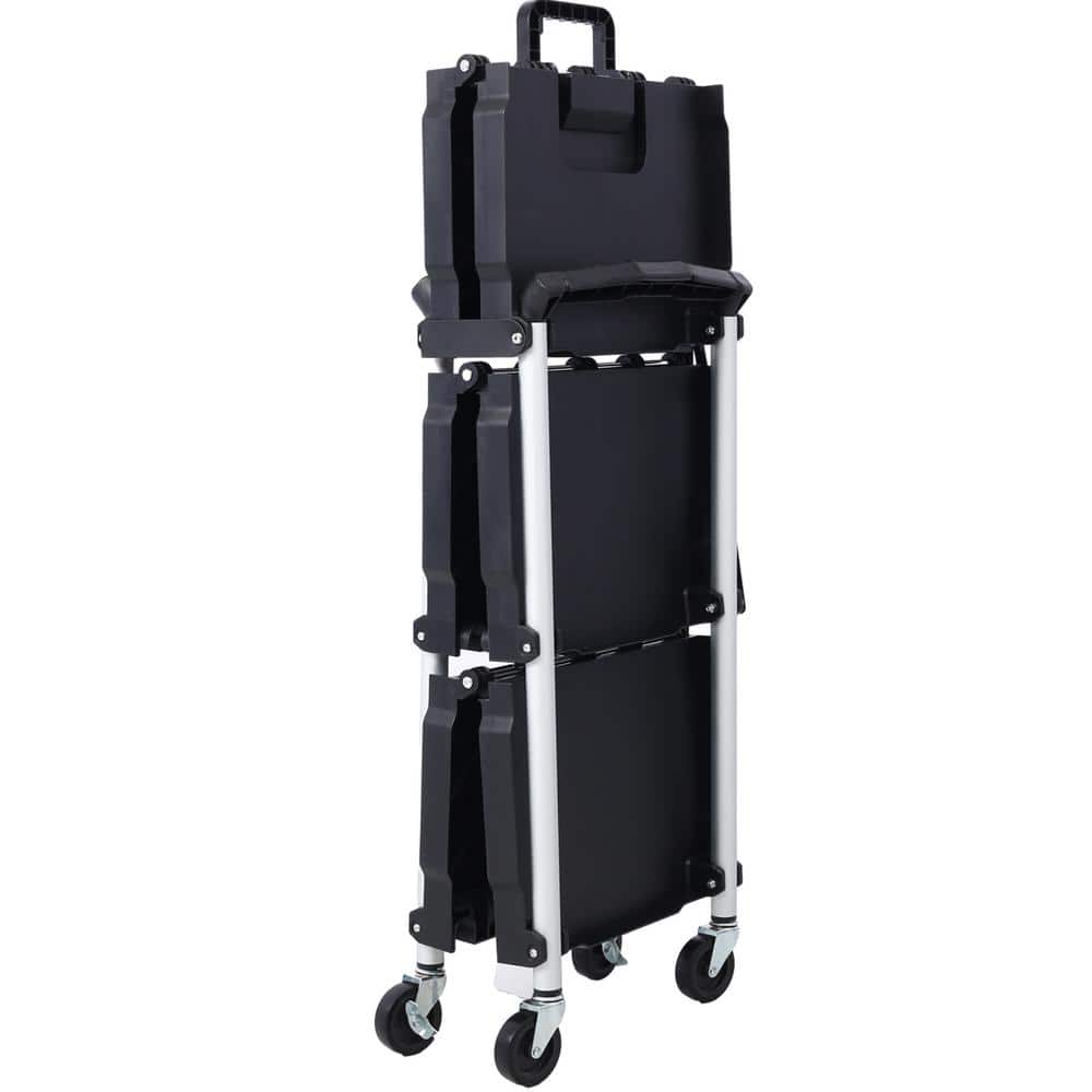 3-Layers Folding Collapsible Plastic Service Cart with Metal Frame, Black - Hercitys