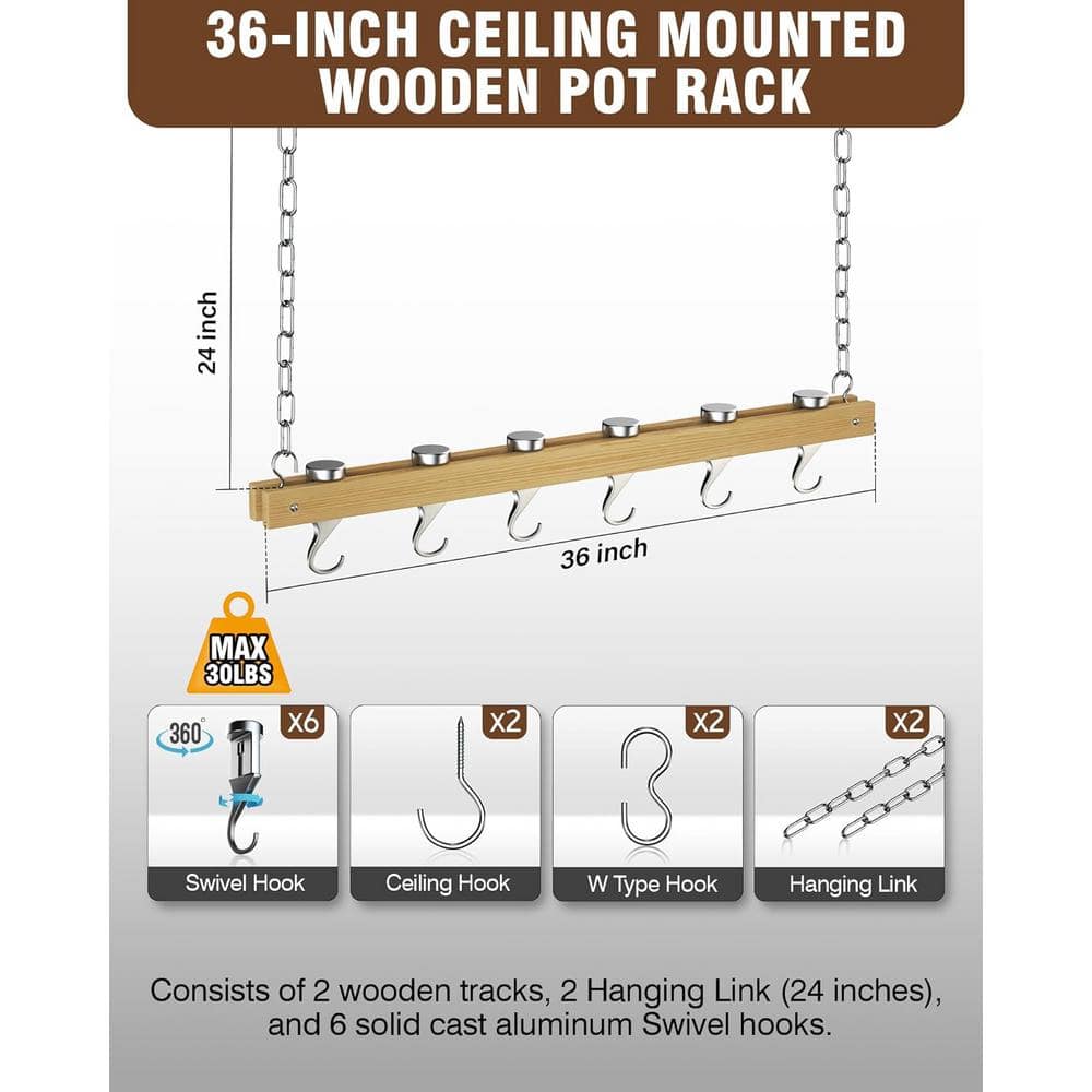 36 in. Single Bar Ceiling Mounted Wooden Pot Rack - Hercitys
