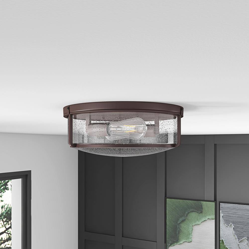 14.17 in. 2-Light Industrial Oil Rubbed Bronze Flush Mount Ceiling Light Fixture with Glass Shade - Hercitys