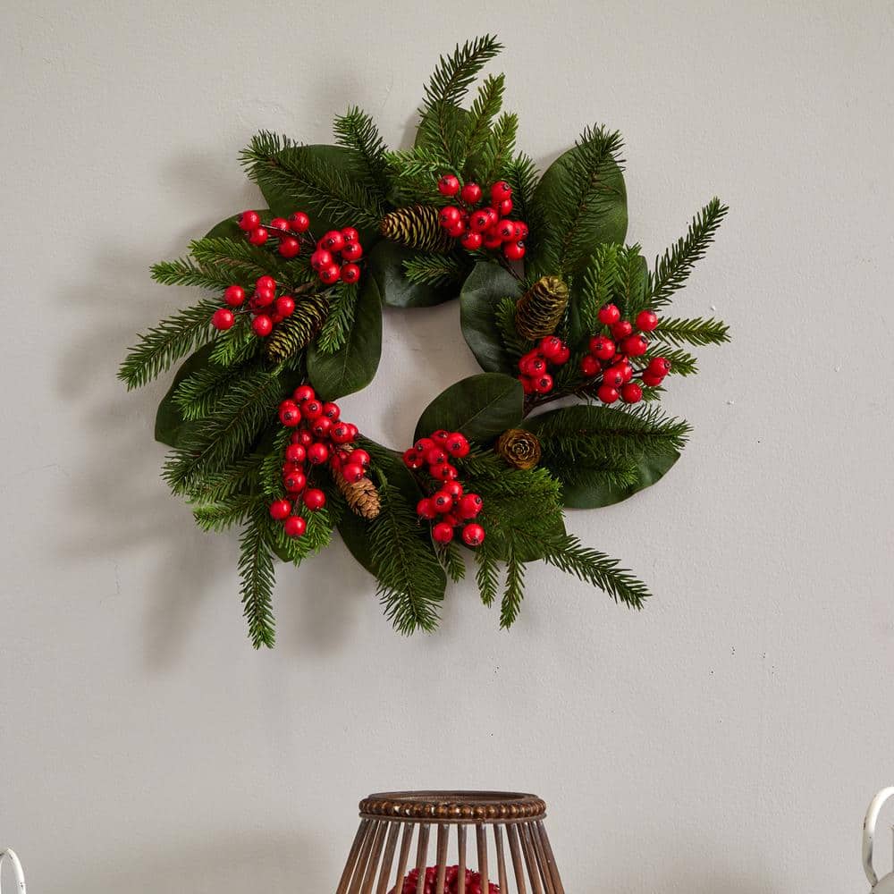 19in. Artificial Unlit Artificial Holiday Wreath with Magnolia Leaf, Berry and Pine - Hercitys