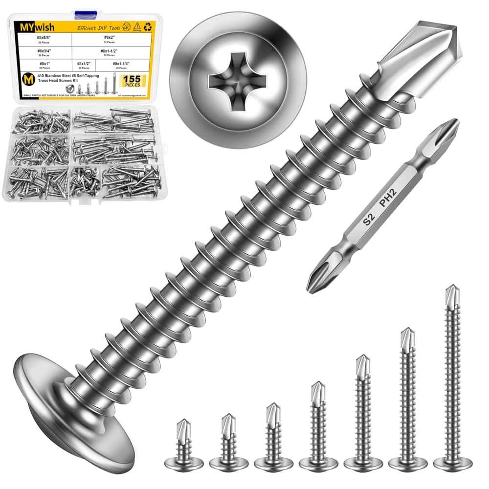#8 x 1/2 in. – 2 in. Self-Tapping Phillips Truss Head Screws, 410 Stainless Steel, 155-Piece Assortment Kit - Hercitys