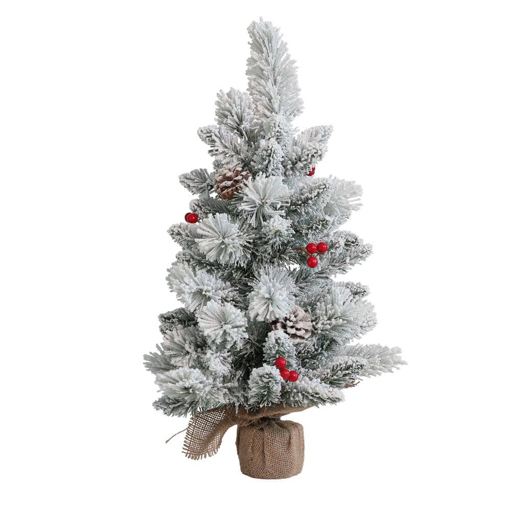 2 ft. Pre-Lit Flocked Artificial Christmas Tree with Decorative Pinecones and Burlap Base - Hercitys