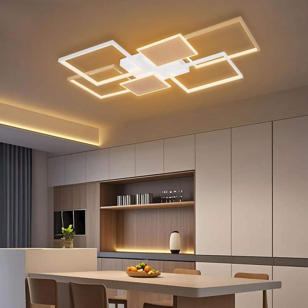43.3 in. 6-Light Gold and White Modern Rectangular Selectable LED Semi-Flush Mount Ceiling Light with Remote - Hercitys