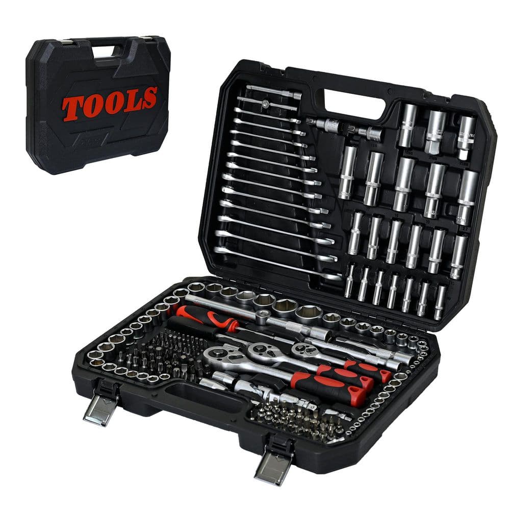 14 in. Black Carbon Steel Portable Tool Box with 216-Piece Socket Wrench Set and Lockable Case - Hercitys
