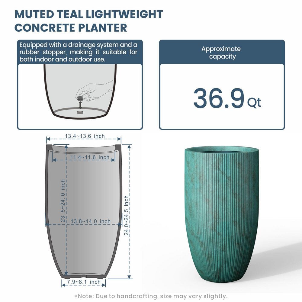 14 in. Large Muted Teal (Premium Inner) Concrete Round Planter / Pot with Drainage Holes - Hercitys