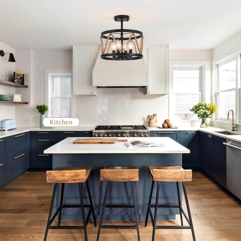 13 in. 4-Light Hemp Rope Black Semi- Flush Mount with No Bulbs Included - Hercitys