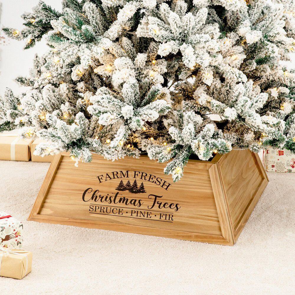 10.67 in. H Natural Wooden Trapezoid Farm Fresh Brown Christmas Trees Tree Collar (KD) - Hercitys