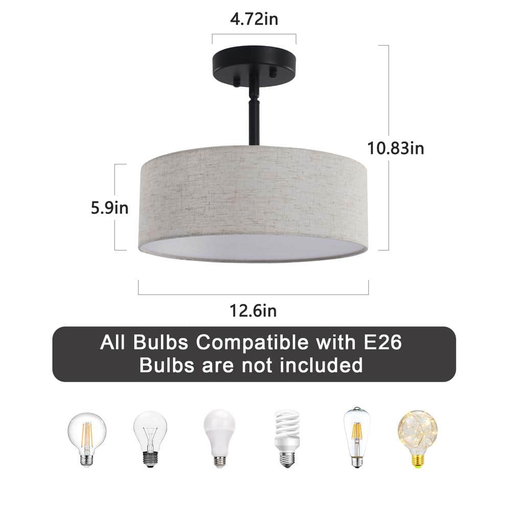 12.6 in. 3-Light Black Drum Linen Blend Semi Flush Mount Ceiling Light with White Fabric Shade and No Bulbs Included - Hercitys