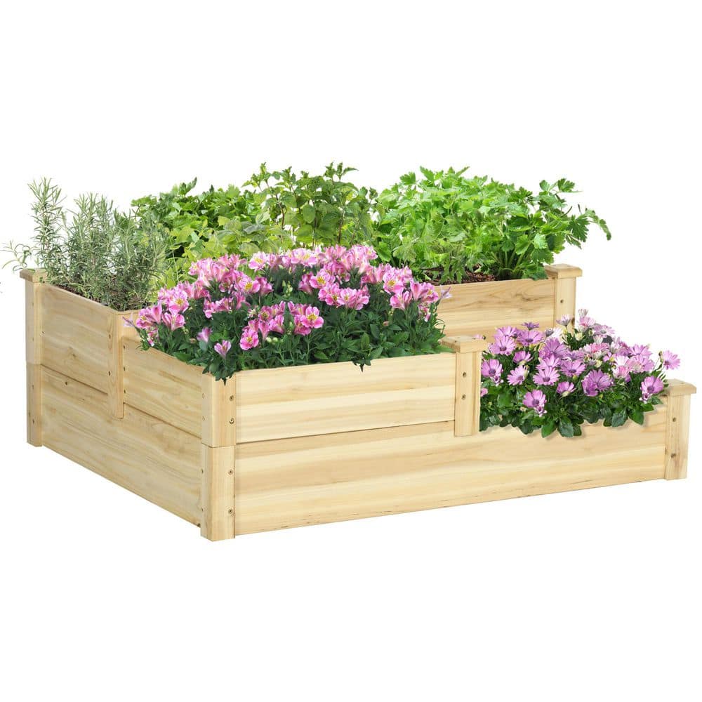 3-Tier Raised Garden Bed: Outdoor Wooden Planter Box with Open Bottom for Growing Vegetables & Flowers, Natural Finish - Hercitys