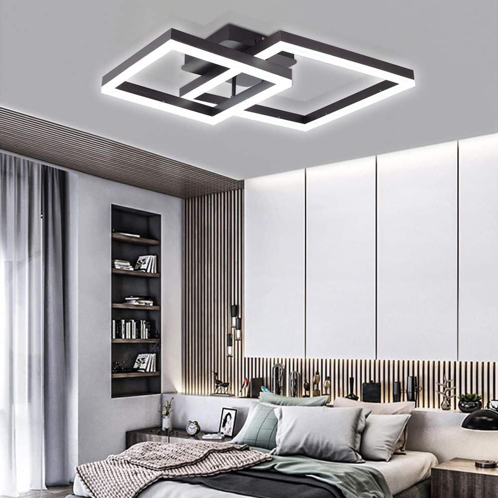 23.6 in. 1-Light Black Modern Geometric Design Selectable LED Semi-Flush Mount Ceiling Light with Remote - Hercitys