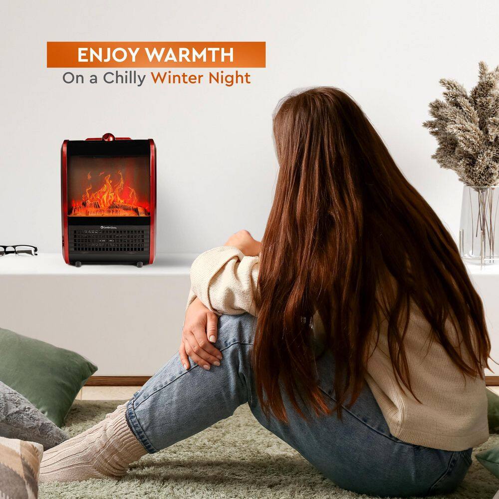 1,200-Watt Mini Ceramic Fireplace Electric Heater with Simulated Flame in Red - Hercitys