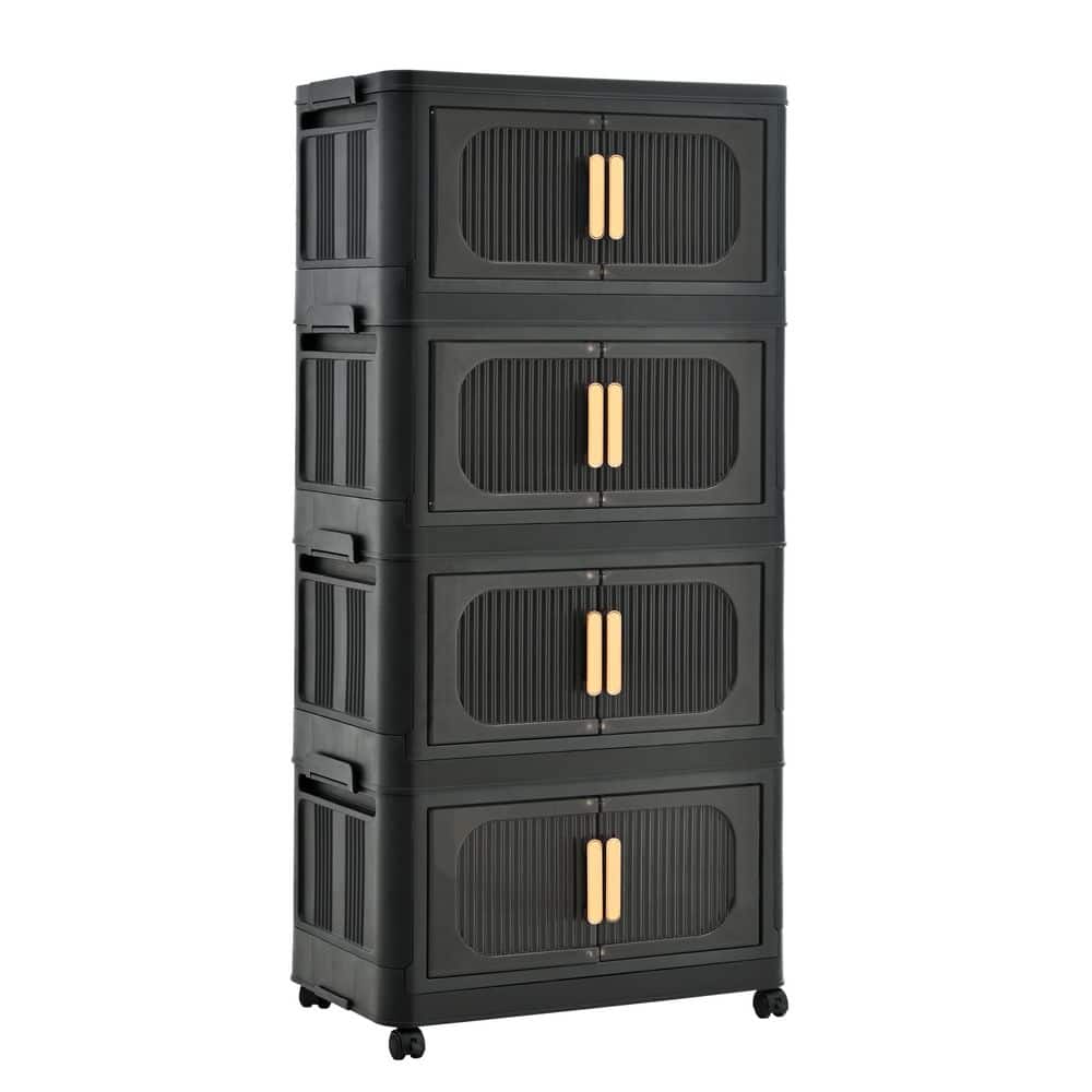 4-Tier Plastic Collapsible Storage Cabinet on Wheels, Storage Bins Closet Organizer with Magnetic Door, Black - Hercitys