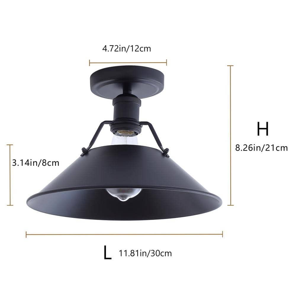 12 in. 1-Light Farmhouse Black Semi-Flush Mount Light Industrial Close to Ceiling Lighting - Hercitys