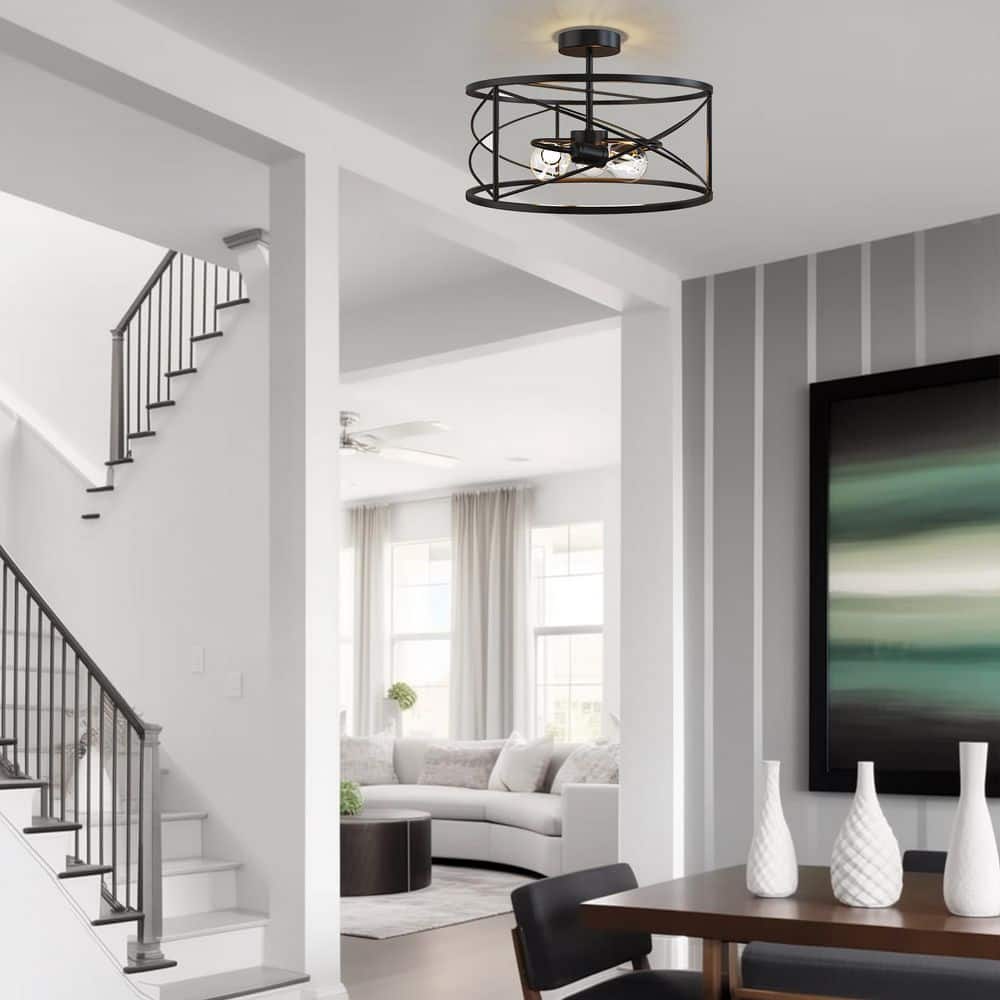 14.57 in. 3-Light Matte Black Semi- Flush Mount with Drum Cage for Bedroom or Hallway - Hercitys