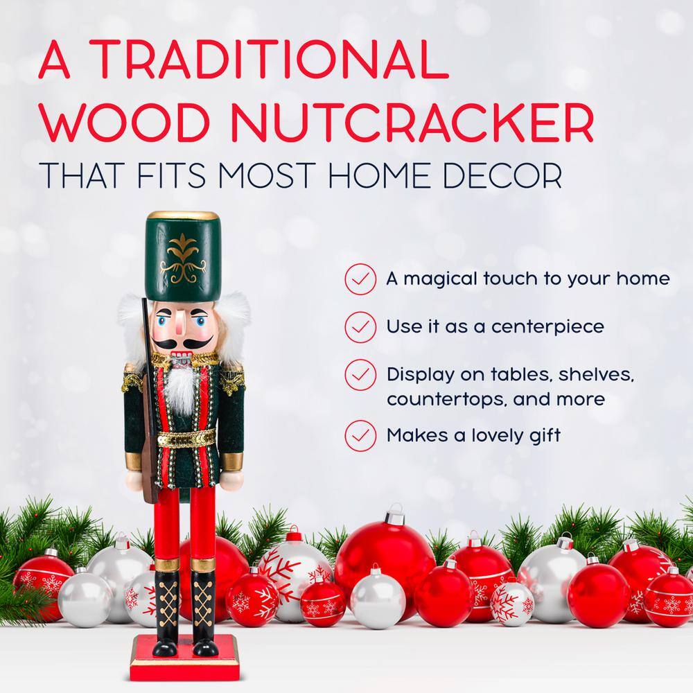 15 in. Wooden Christmas Toy Soldier Nutcracker-Red and Black Nutcracker Soldier with a Rifle Gun, Holiday Nutcracker - Hercitys