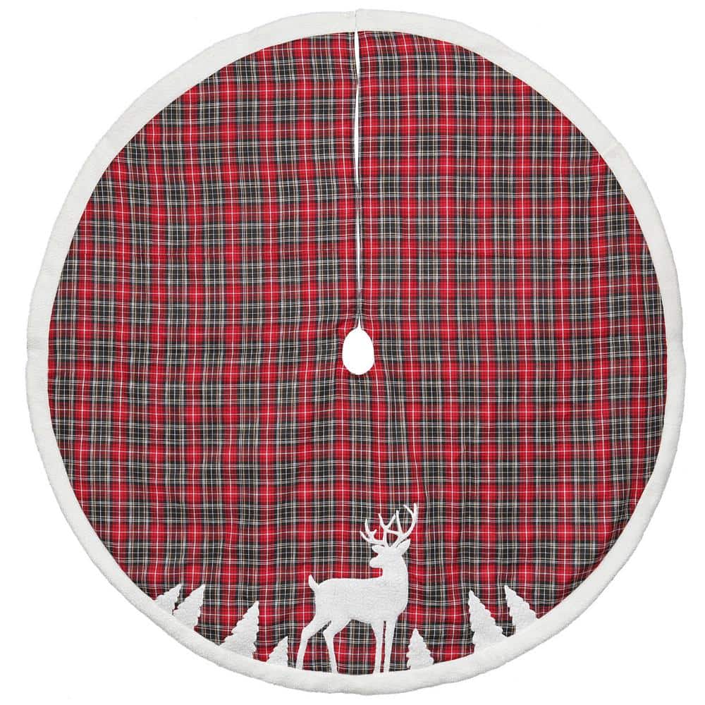 48 in. Red Plaid Tree Skirt Deer Applique - Hercitys