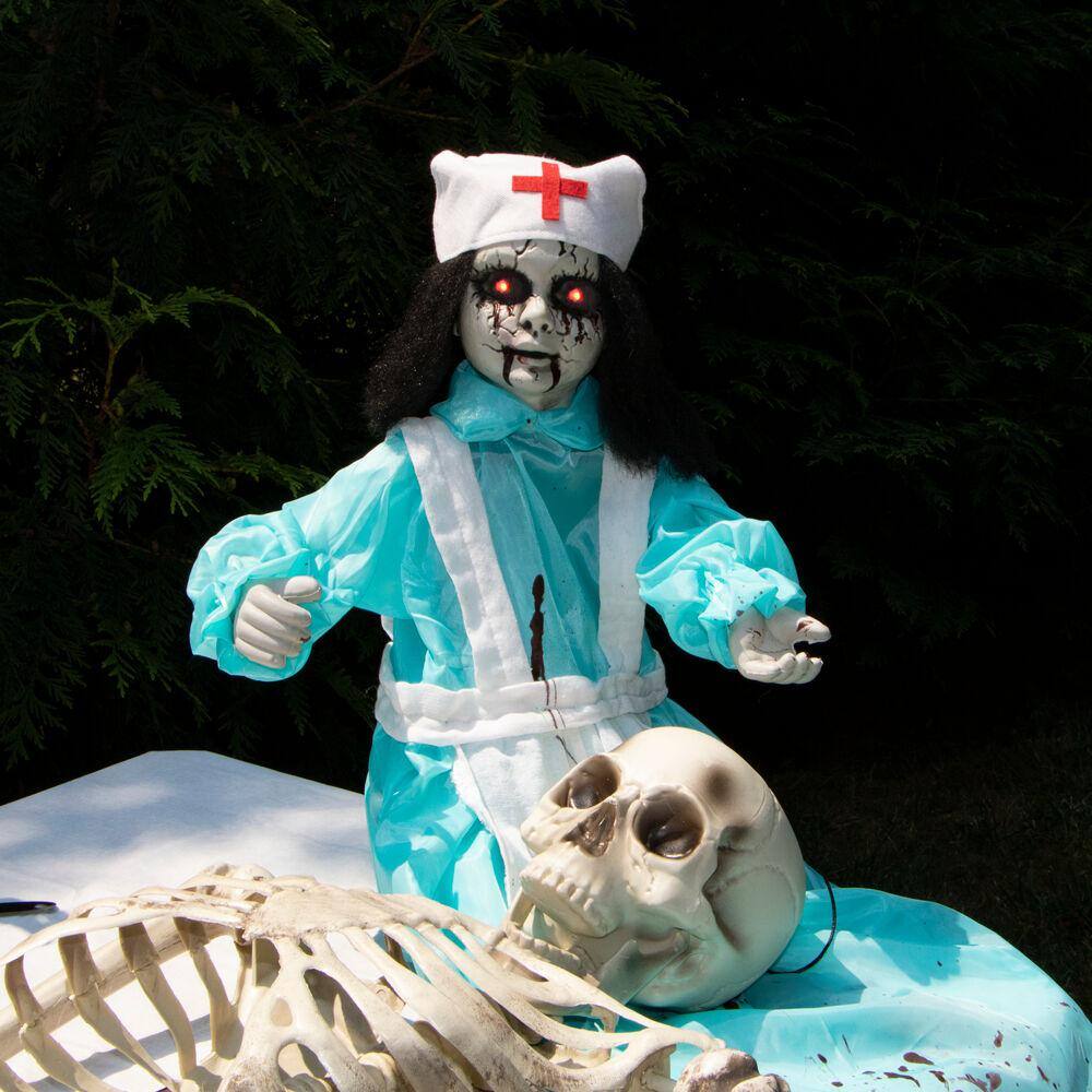 21.5 in. Battery Operated Poseable Animatronic Nurse with Red LED Eyes Halloween Prop - Hercitys