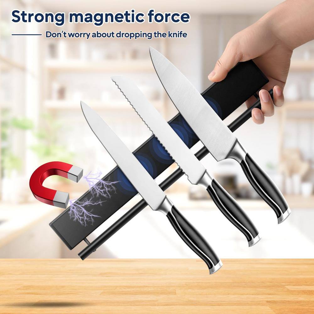 5-Knife 12 in. Stainless Steel Magnetic Knife Holder with 5 Hooks, Black Knife Magnetic Strip, Magnetic Knife Bar - Hercitys