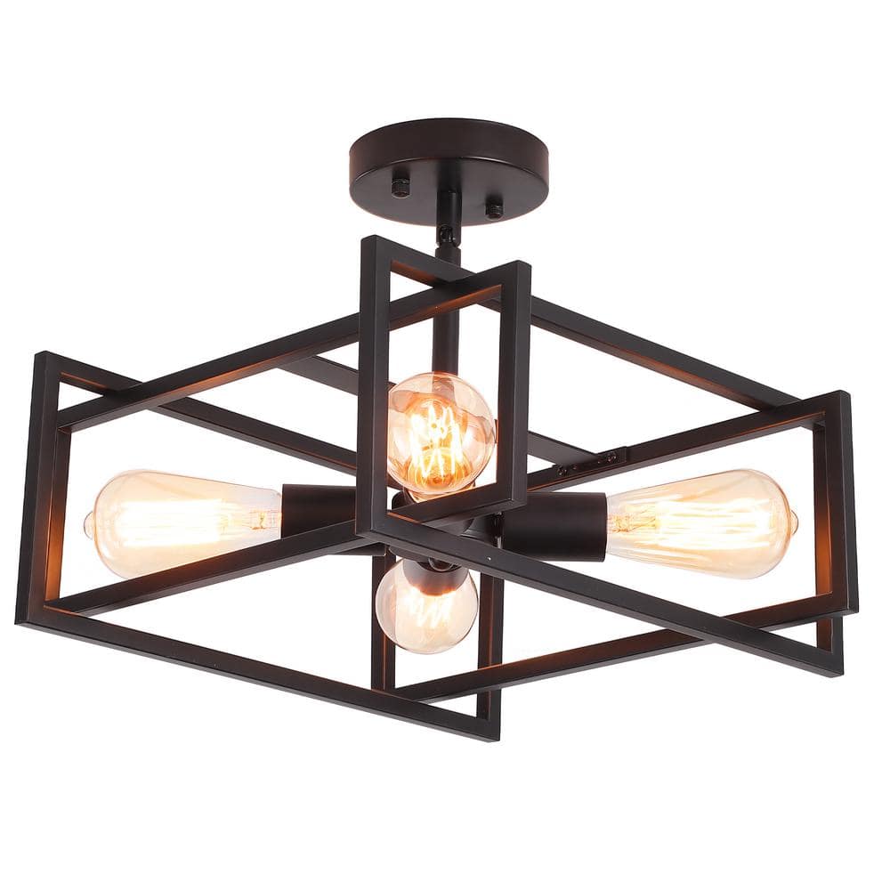 14.96 in. 4-Light Black Farmhouse Square Frame Semi-Flush Mount Ceiling Light Fixture with Metal Shade - Hercitys