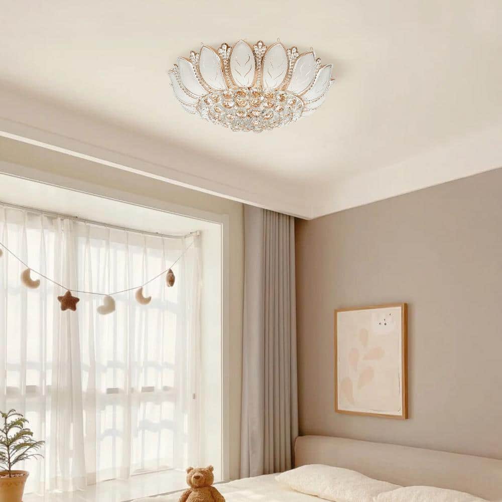23.62 in. 7-Light Modern Gold Lotus Flower Shape Crystal Flush Mount Ceiling Lamp and No Bulbs Included - Hercitys