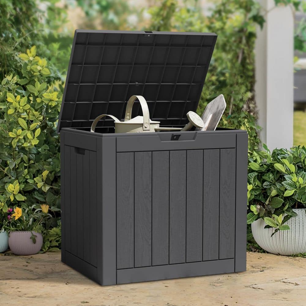 31 Gal. Black Weatherproof Resin Deck Box Outdoor Storage Box with Lockable Lid - Hercitys