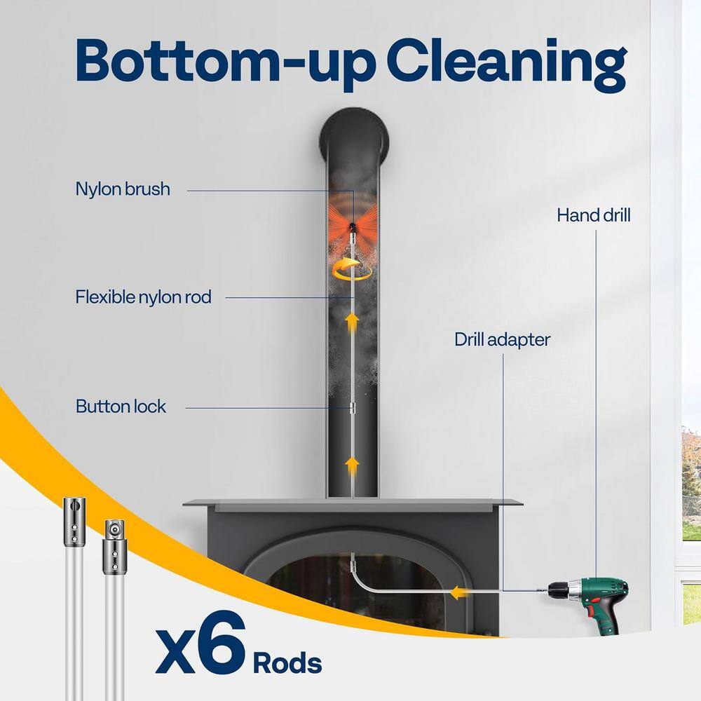 26 Feet Fireplace Cleaner Flexible Chimney Sweep Kit with 8 Rods and 3 Replaceable Bristles - Hercitys