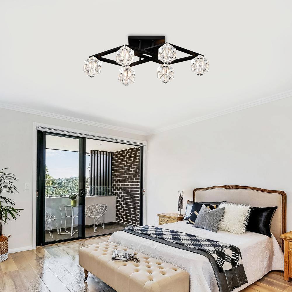 24.9 in. 6-Light Black Modern Semi-Flush Mount With Crystal Shade and 6-G9 Bulbs Included - Hercitys