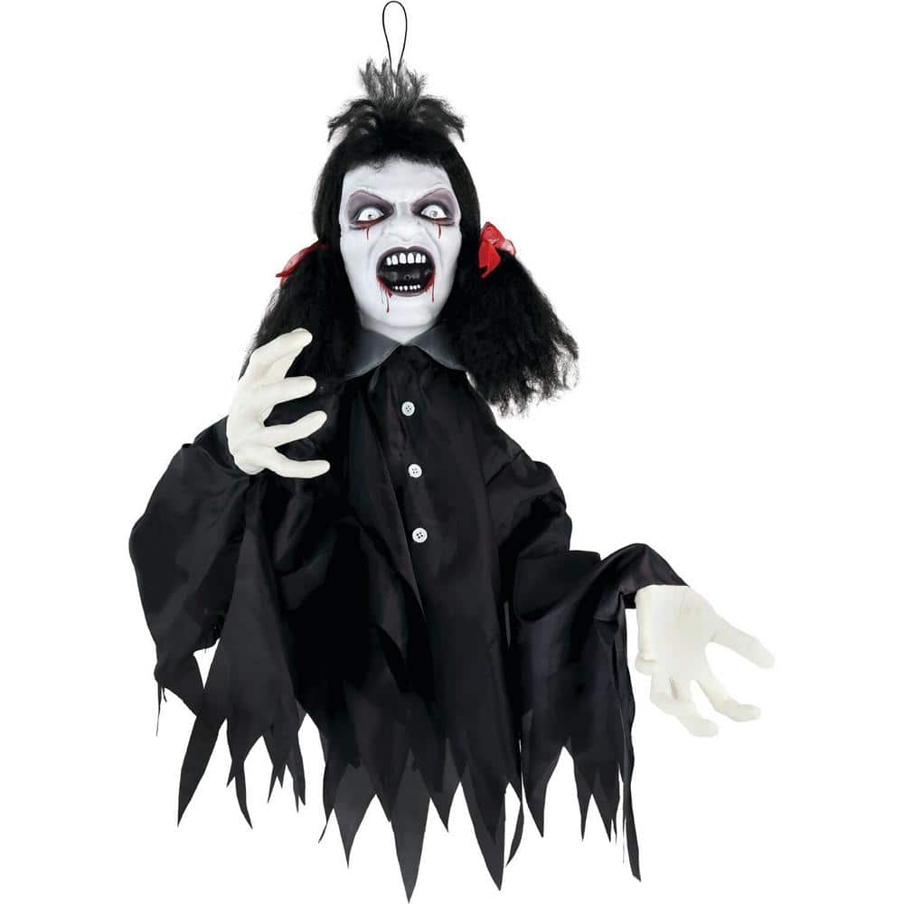 19 in. Hanging Animatronic Demon Girl or Groundbreaker, Lights and Sound, Indoor/Covered Outdoor Halloween Decoration - Hercitys