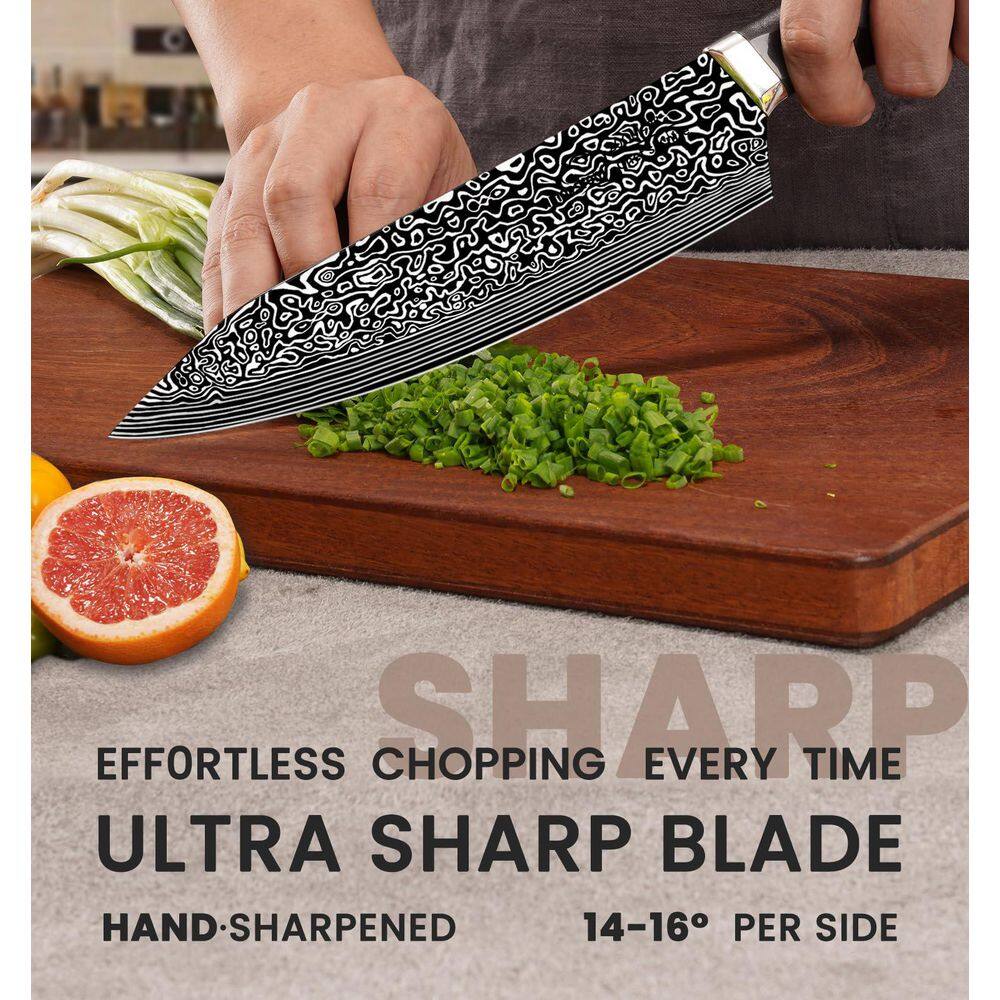 15-Piece German High Carbon Stainless Steel Knife Block Set in Silver with Build-in Knife Shapener, Dishwasher Safe - Hercitys