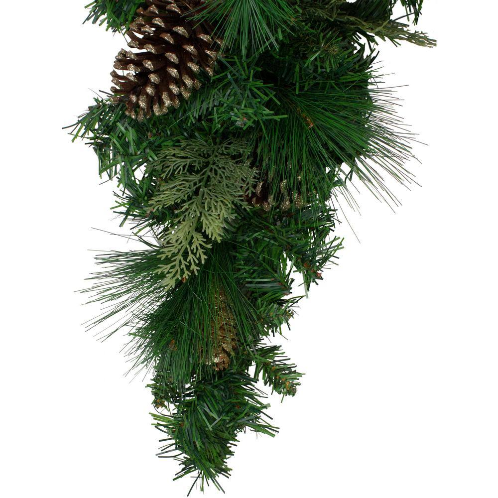 28 in. Unlit Artificial Mixed Pine with Pine Cones and Gold Glitter Christmas Teardrop Swag - Hercitys