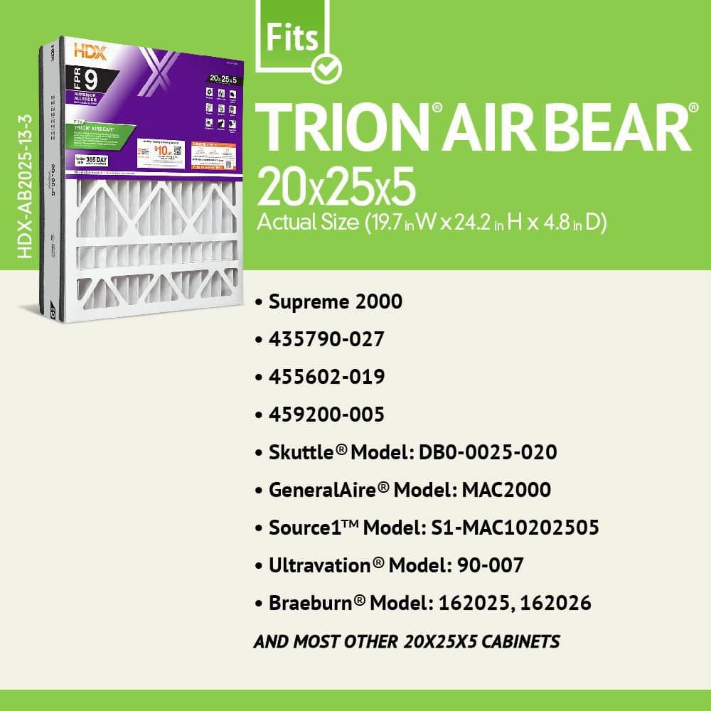 20 in. x 25 in. x 5 in. Trion AirBear Replacement Pleated Air Filter FPR 9, MERV 13 - Hercitys