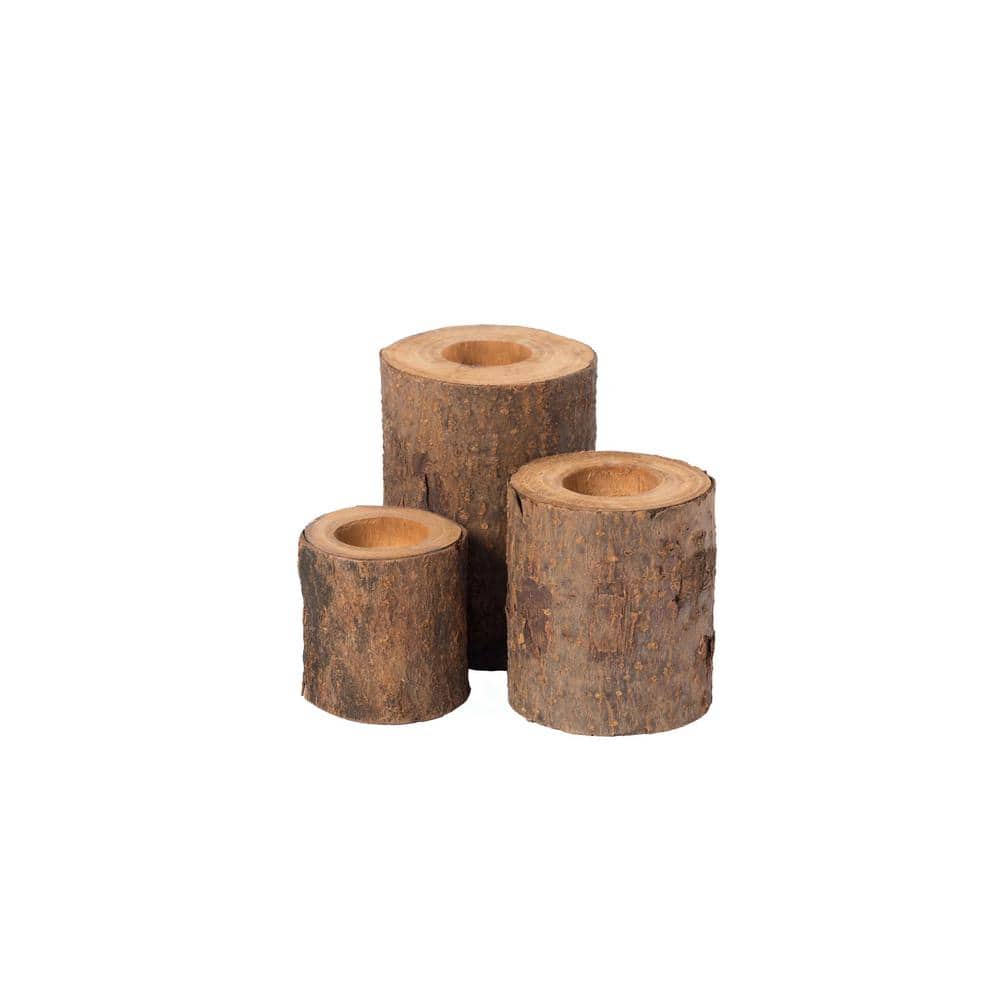3.75 in. H Bark Wooden Pillar Tree Stump Tea Light Rustic Candle Holder (Set of 3) - Hercitys