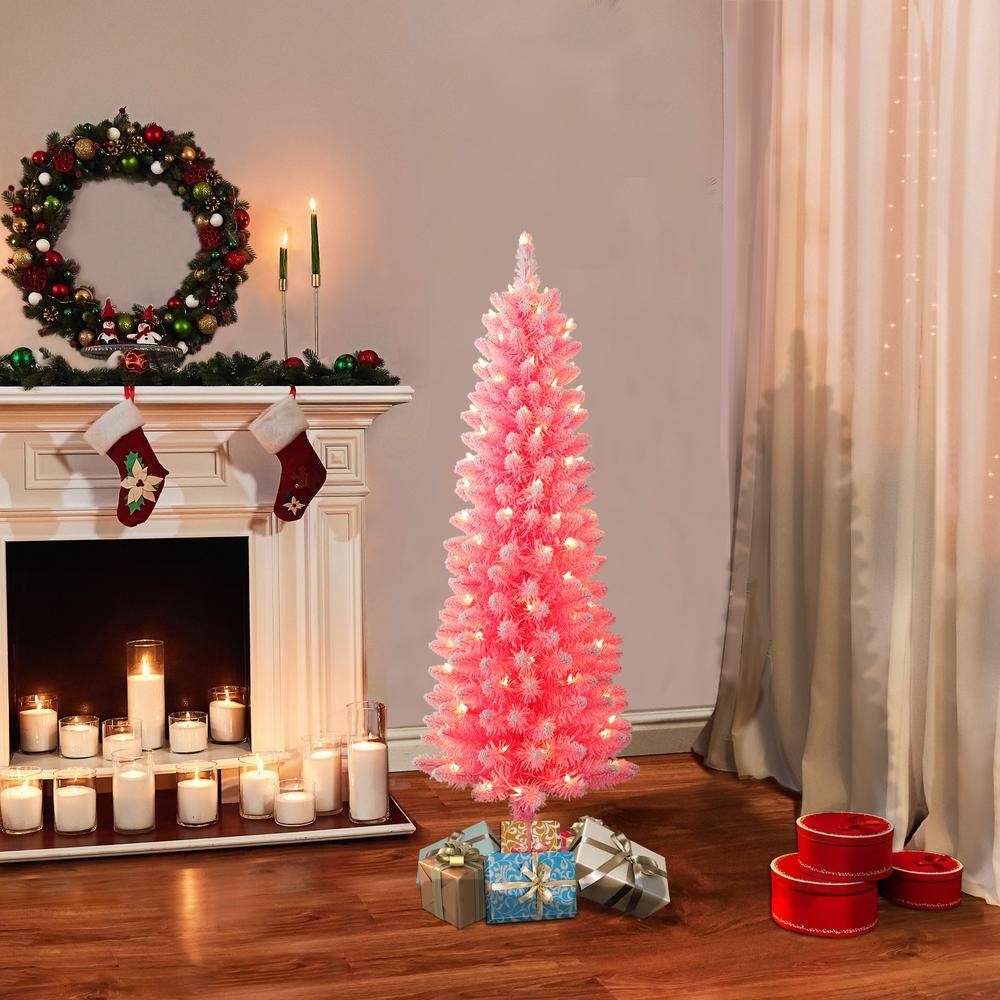 4.5 ft. Prelit Flocked Pink Pencil Artificial Christmas Tree with 100 Lights - Hercitys