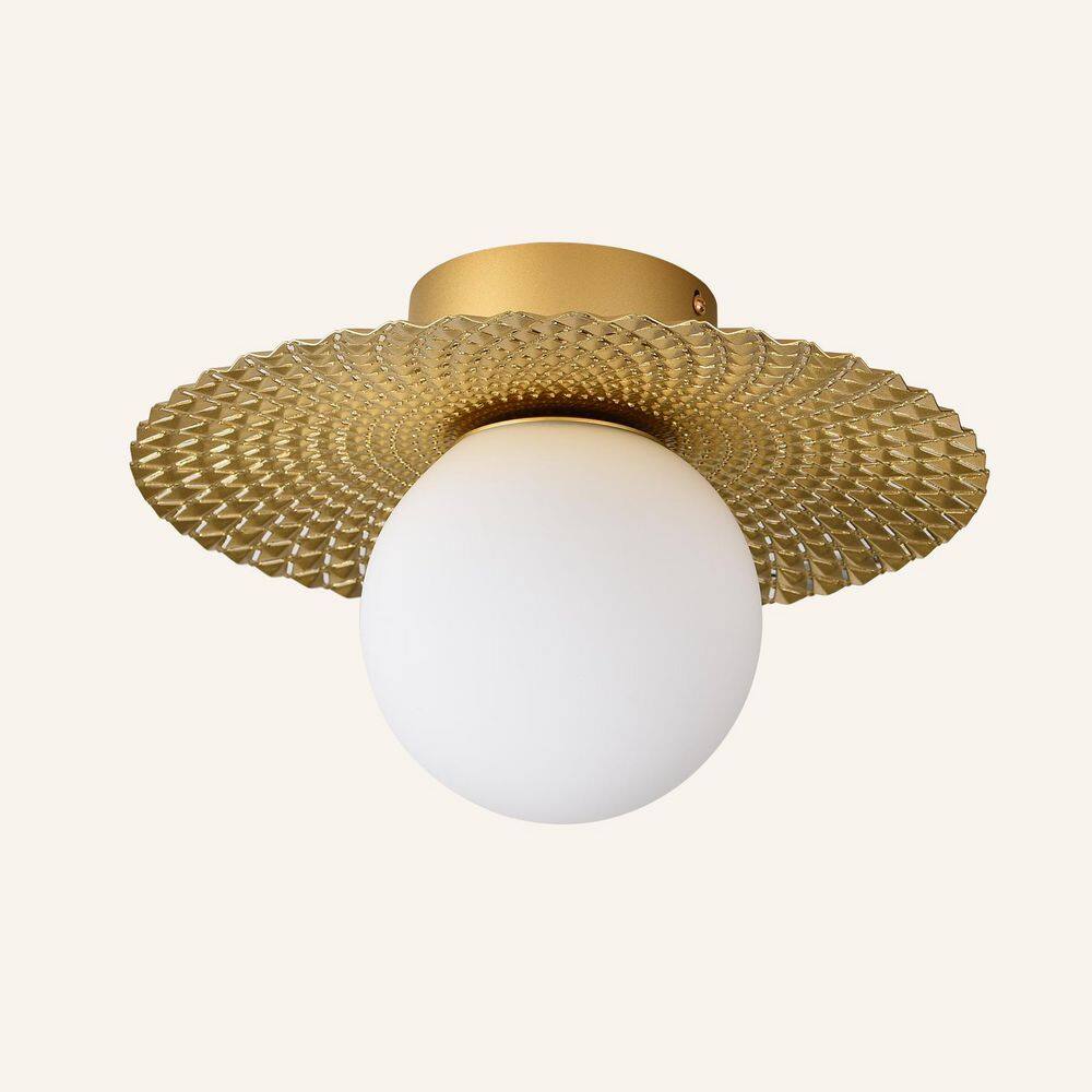 12.6 in. 1-Light Golden Diffuser Semi-Flush Mount Ceiling Light with Metal Pleated Shade and White Glass Shade - Hercitys