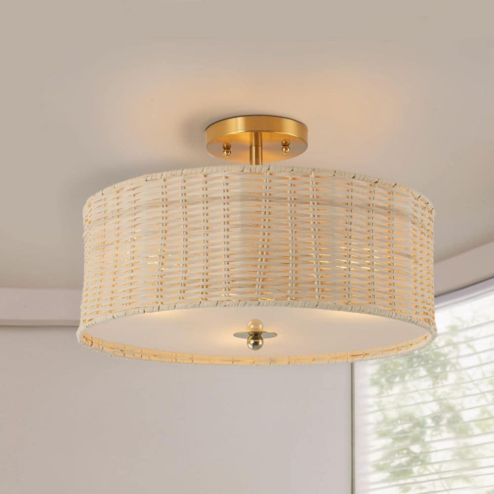 15.75 in. 3-Light Brass Woven Rattan Semi-Flush Mount Ceiling Light - Hercitys