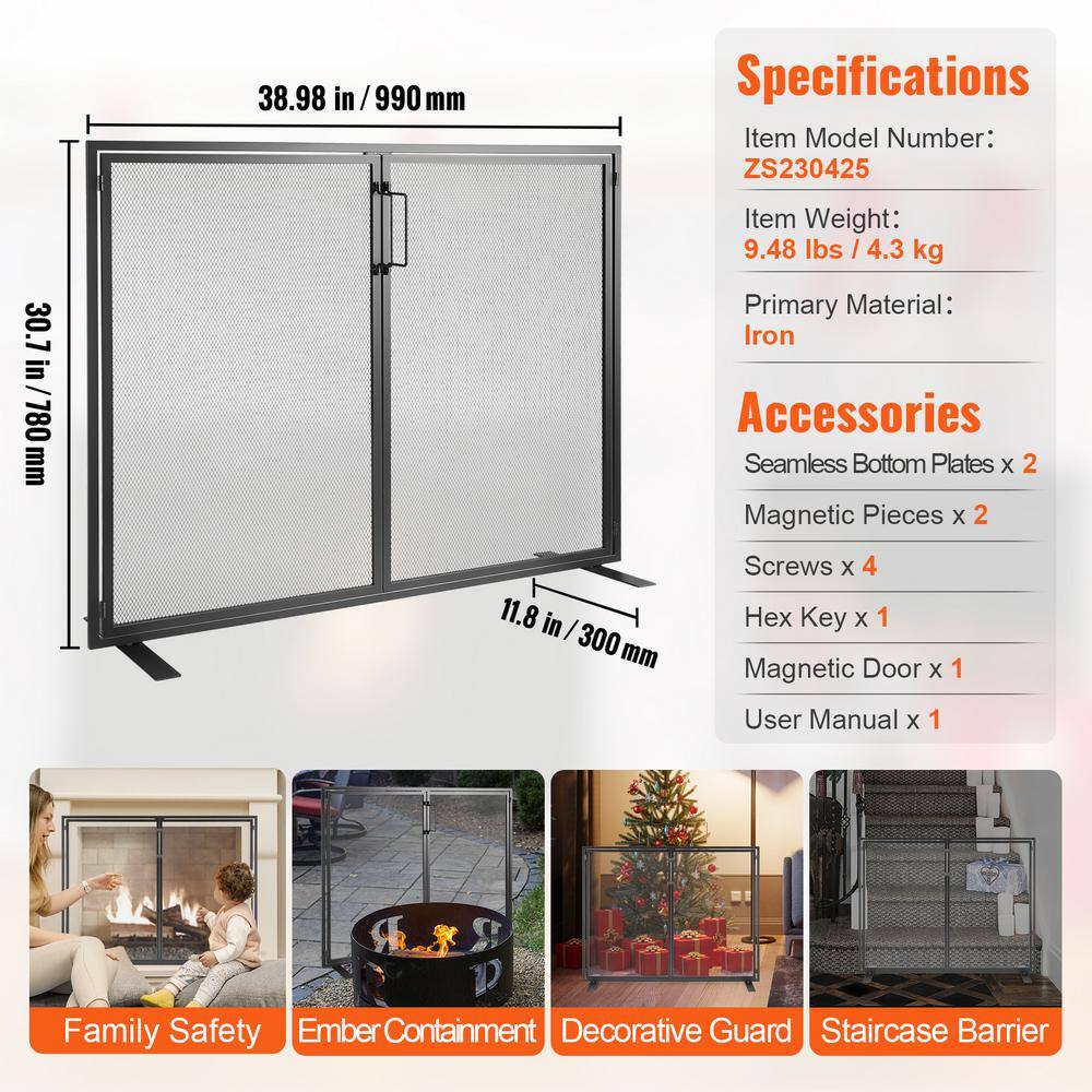 1-Panel Fireplace Screen 38.98 in. L x 30.7 in. H Sturdy Iron Mesh Fireplace Screen Free Standing Fire Fence Grate - Hercitys
