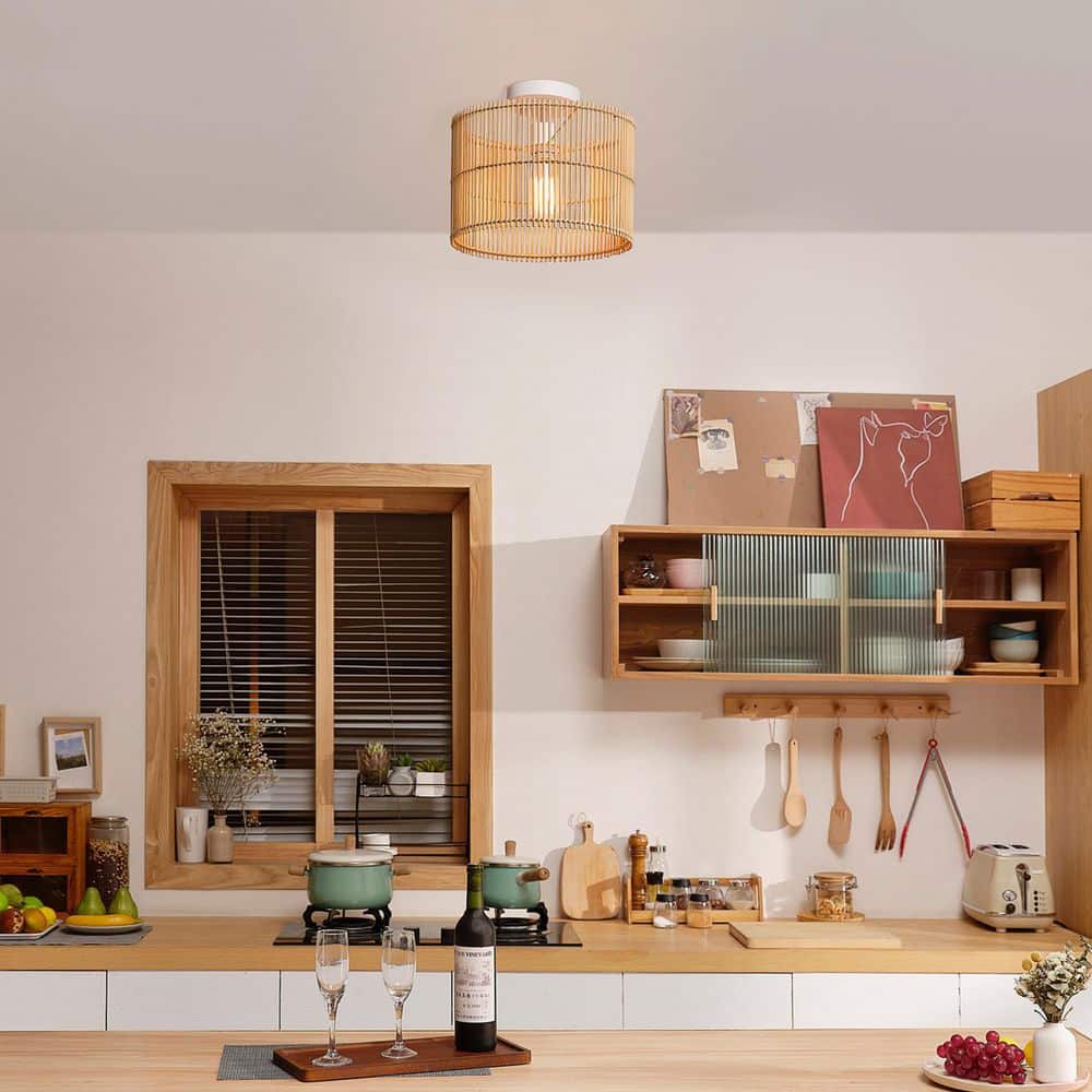 11.75 in. 1-Light Matte White Semi-Flush Mount Ceiling Light with Natural Bamboo Shade - Hercitys